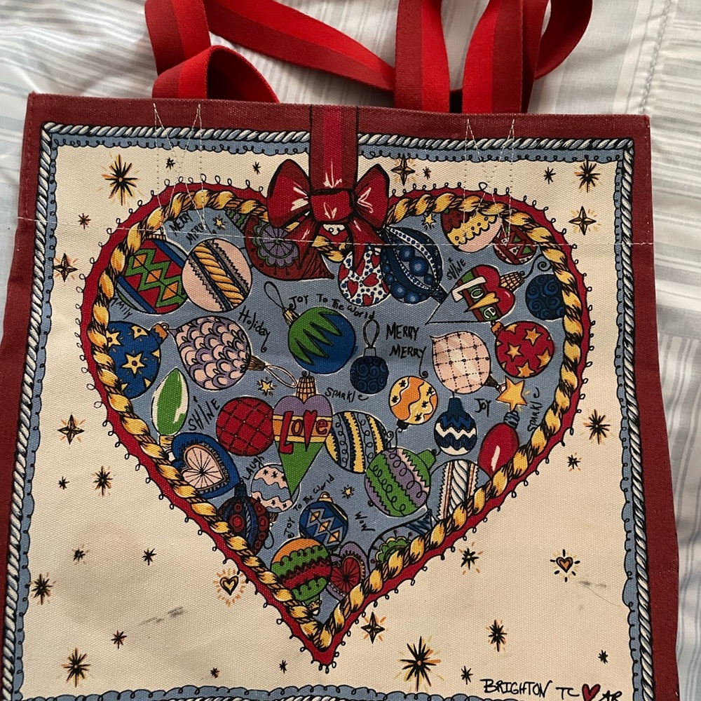 Brighton Canvas Ornament Tote — White with Red, Blue, Green Accents